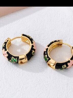 NEW! Gold Black Floral Enamel Small Huggie Hoop Earrings - Women's Jewelry